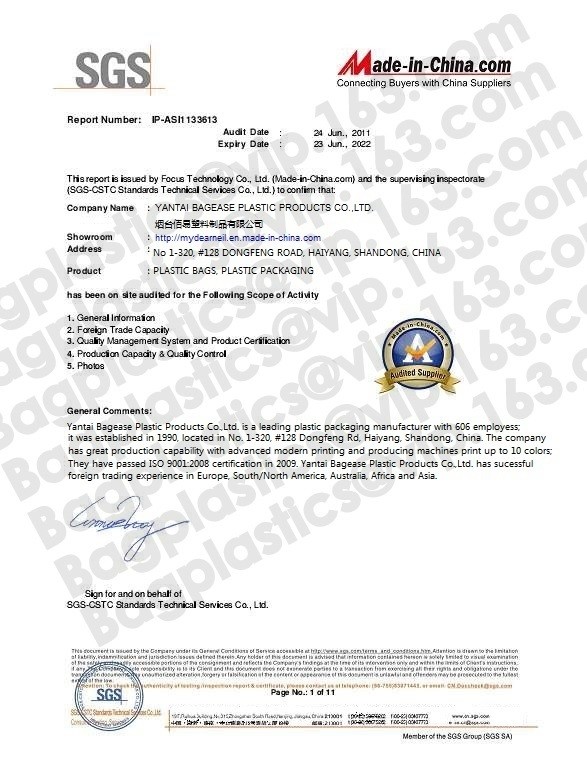 Porcelana YANTAI BAGEASE PACKAGING PRODUCTS CO.,LTD Certificaciones